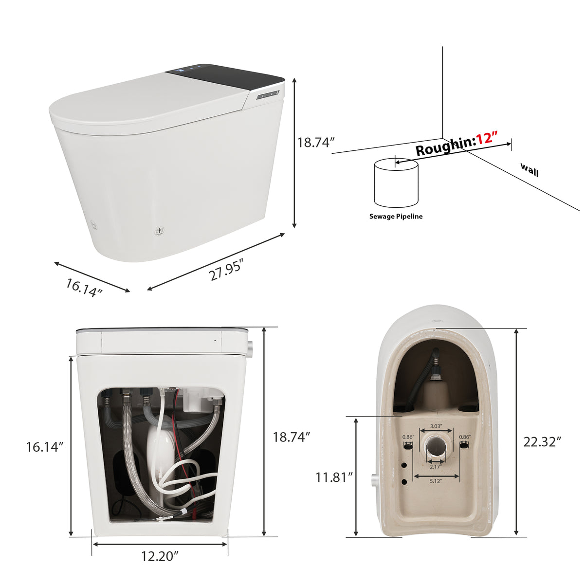 Tankless Smart Toilet with Bidet Built In, Auto Open & Close, Wider Bidet with Heated Seat, Warm Water and Dry, Foot Sensor, LED Display