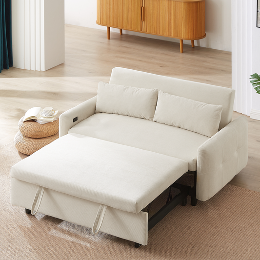 57.48' Pull-out Sofa Bed Convertible Couch 2 Seat Loveseat Sofa Modern Sleeper Sofa with Two Throw Pillows and USB Ports for Living Room, Beige(Old Sku:WF317760AAA)