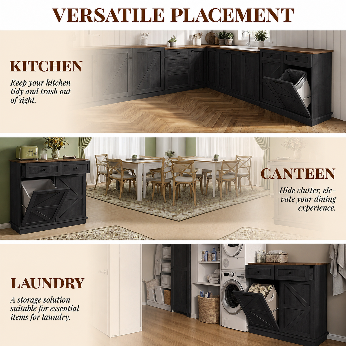 Tilt Out Trash Can Cabinet for Kitchen, Double 10-Gallon Hidden Trash Cabinet with Drawer, Farmhouse Wooden Garbage Cabinet, Dog Proof Trash Can Storage for Kitchen Laundry Living Room Office