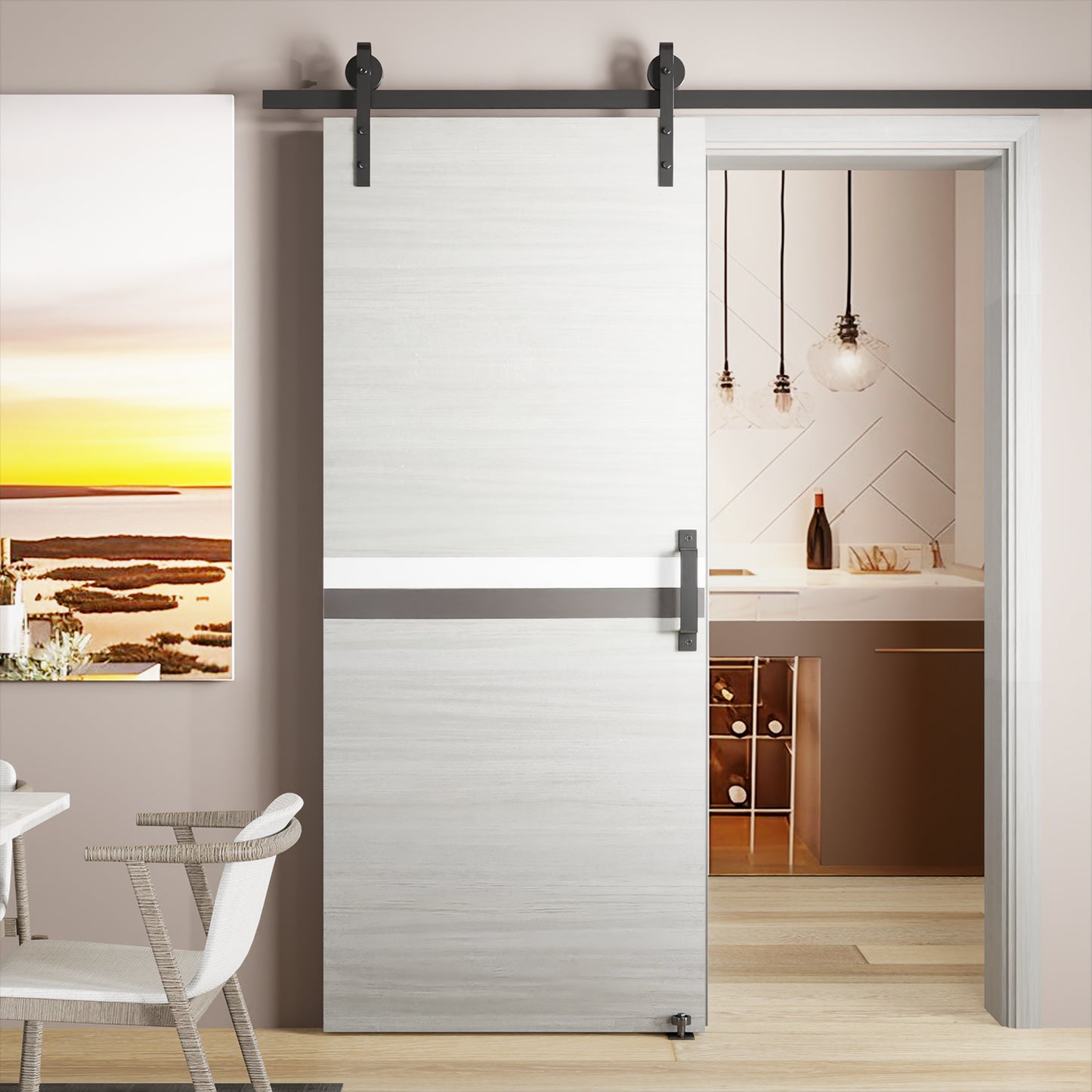 CRAZY ELF 32' x 84' Melamine Integrated Door Slab + 6.6FT Sliding Track Kit + Adjustable Floor Guider + Pull Handle, Modern Interior Door panel, Protected By 2mm Thick Melamine Layer, Moisture-proof