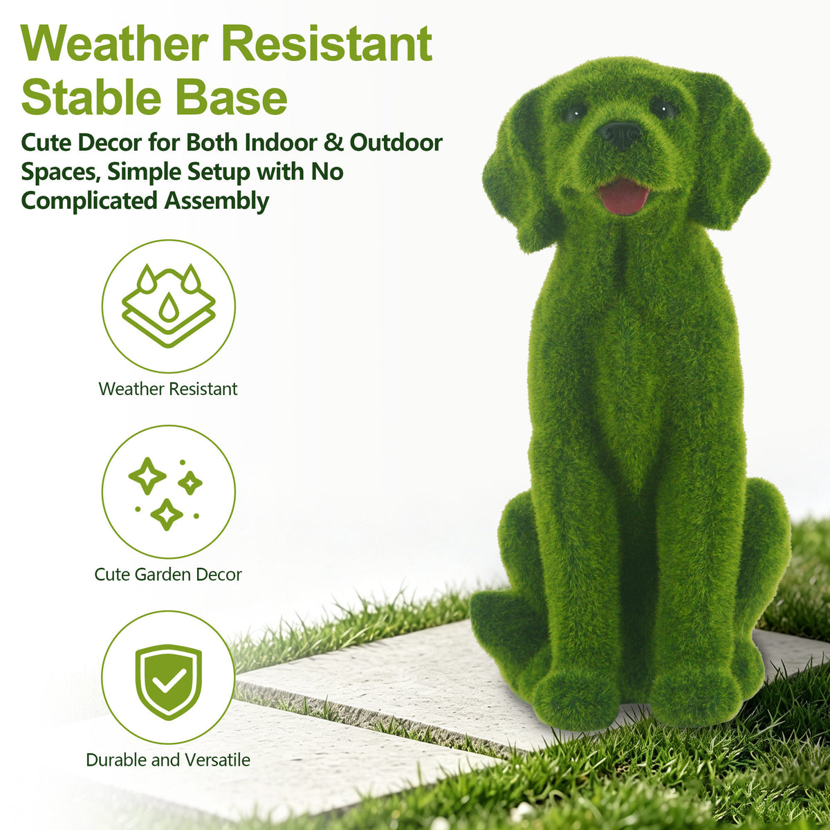 13.7' Garden Statue, Flocked Dog Figurine Style A, Resin Green Grass Effect Puppy Sculpture, Yard Lawn Patio Porch Landscape Ornament, Decor Gift for Garden & Pet Lovers