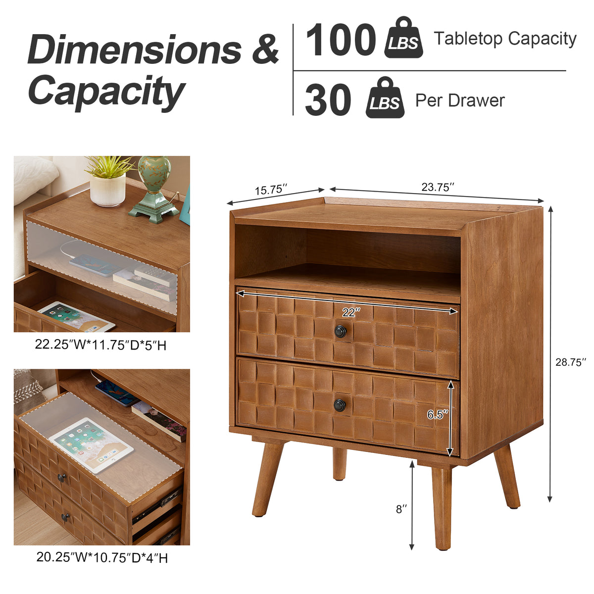 Nightstand with Charging Station, 2 Drawer Bedside Table with Shelf Features geometric drawer fronts, open storage, USB and AC charging, and solid wood legs for everyday convenience