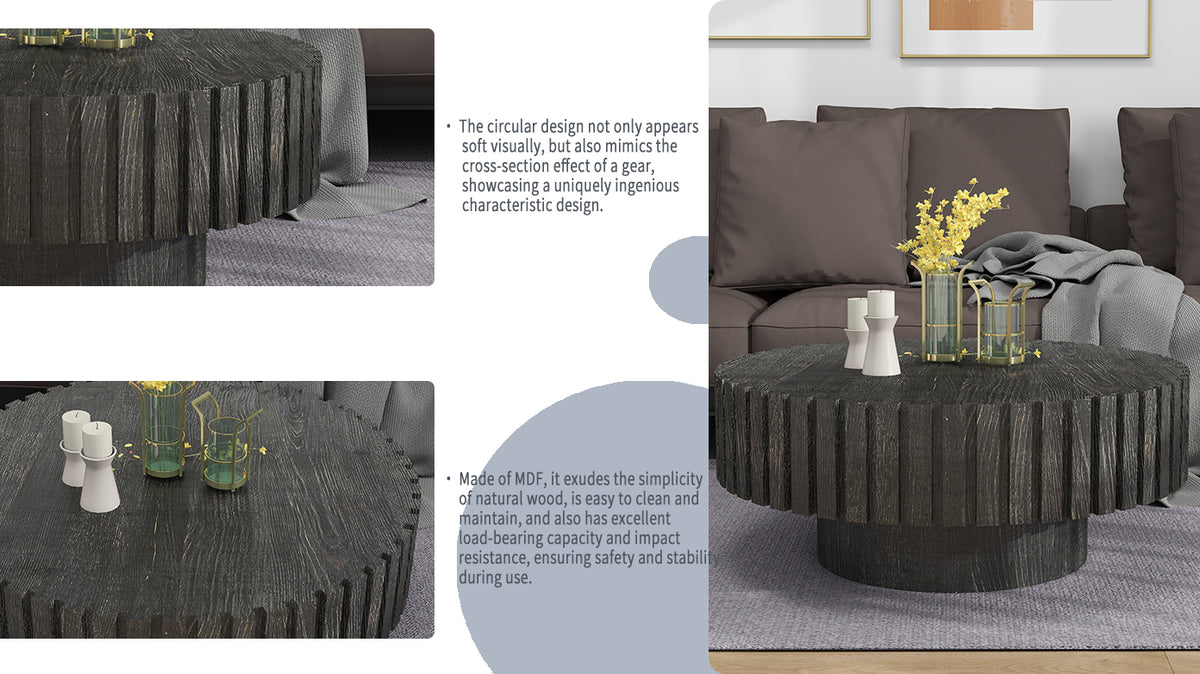 Modern minimalist circular black coffee table, 31.4-inch natural wood color and texture, space aesthetics suitable for easy assembly in living rooms, study rooms, and dining rooms