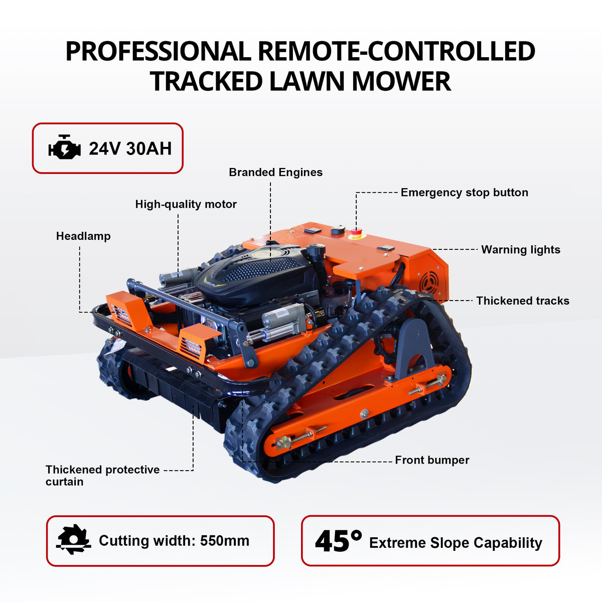 DeepKron R55 9HP 225cc Gas-Powered Remote Control Crawler Lawn Mower, 22-in Cutting Width, 45° Slope, Electric Height Adjustment, Red