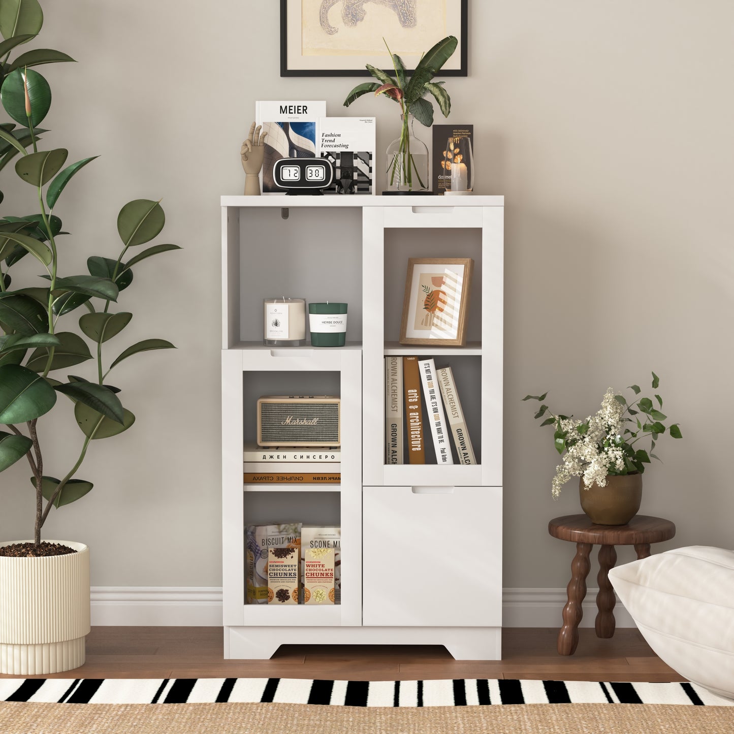 MDF painted Cabinet with Glass Doors and drawer, open storage space, White ,Bedroom, Living room