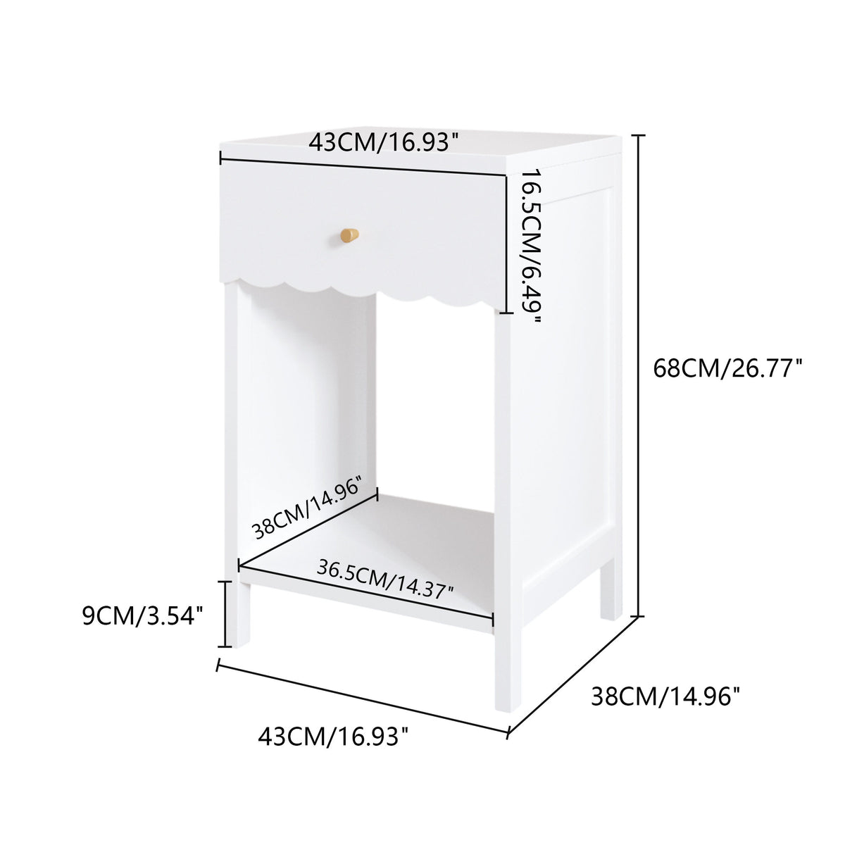 Modern White Nightstand with Drawer and Open Shelf,Scalloped Edge Bedside Table for Bedroom, Cute Minimalist Side Table for Kids Room or Girls' Room