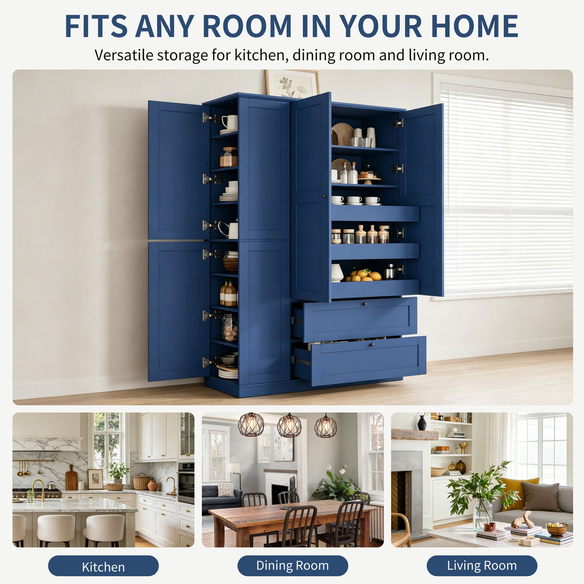 TOPMAX 73.6" Tall Farmhouse Kitchen Pantry Cabinet with 8 Shelves, 2 Drawers, 3 Pull-Out Trays, 4 Doors and Side Cabinets, Blue
