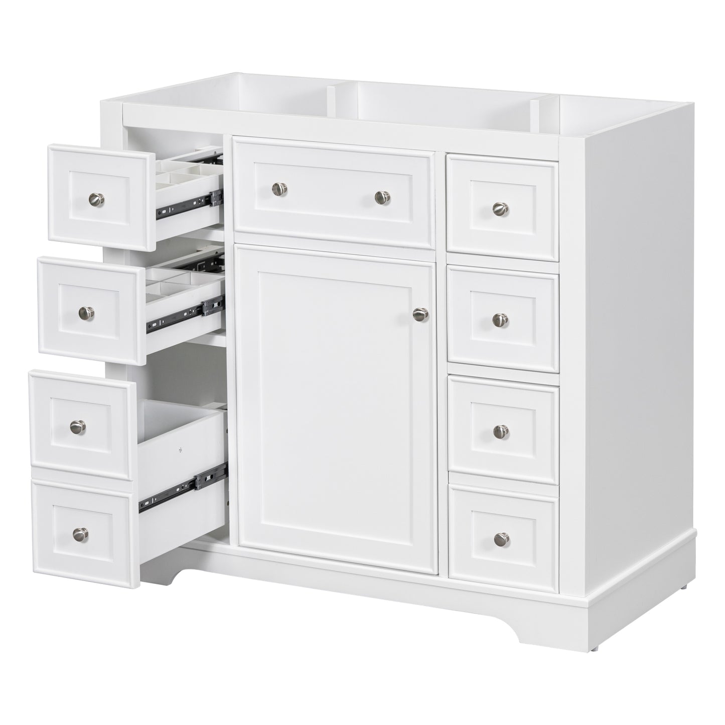 36' Bathroom Vanity without Sink, Cabinet Base Only, One Cabinet and Six Drawers, White