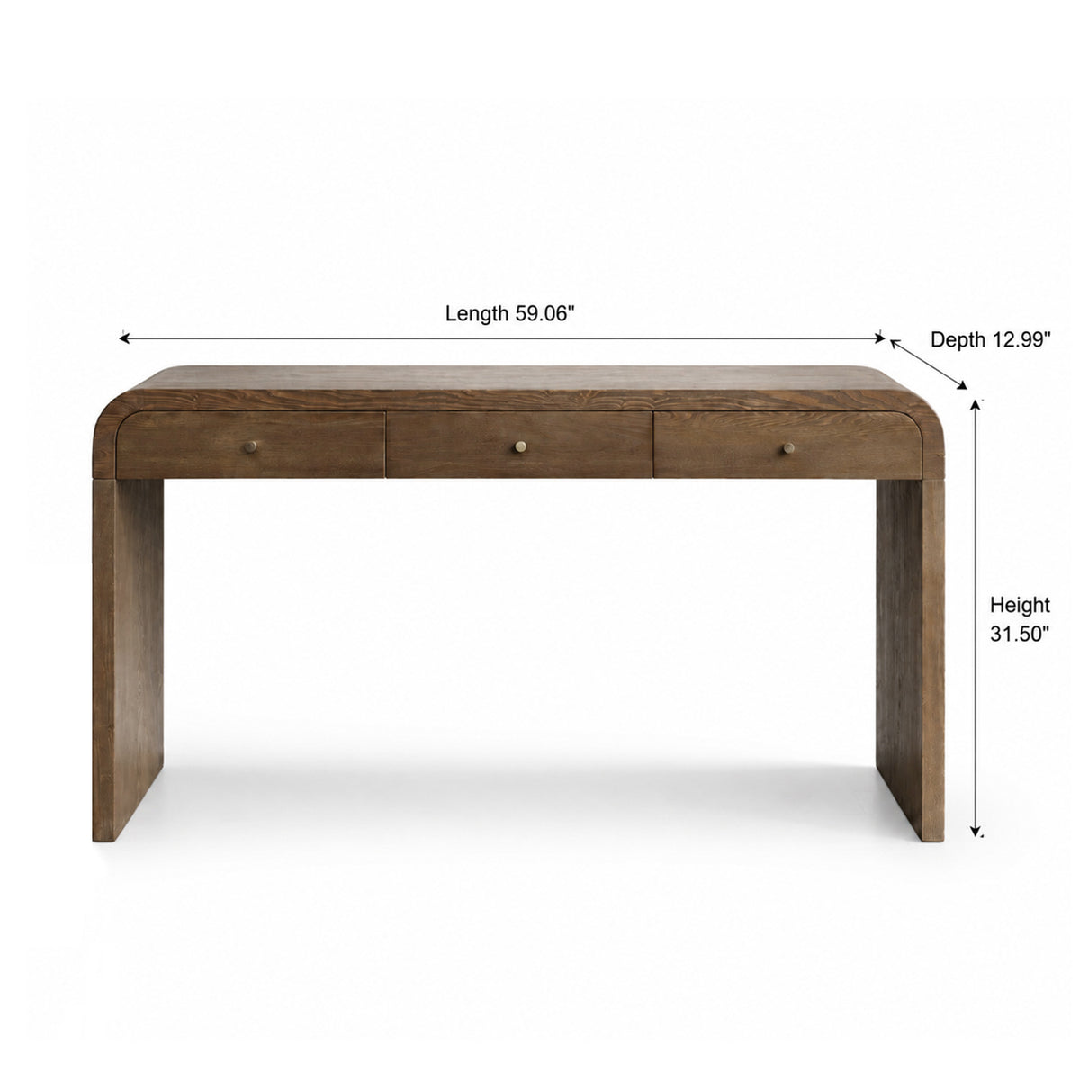 Dark Brown Curved Design 3-Drawer Long Console Table, Entryway Sofa Table with Gold Pull Handles, Storage Accent Table for Living Room Hallway Foyer