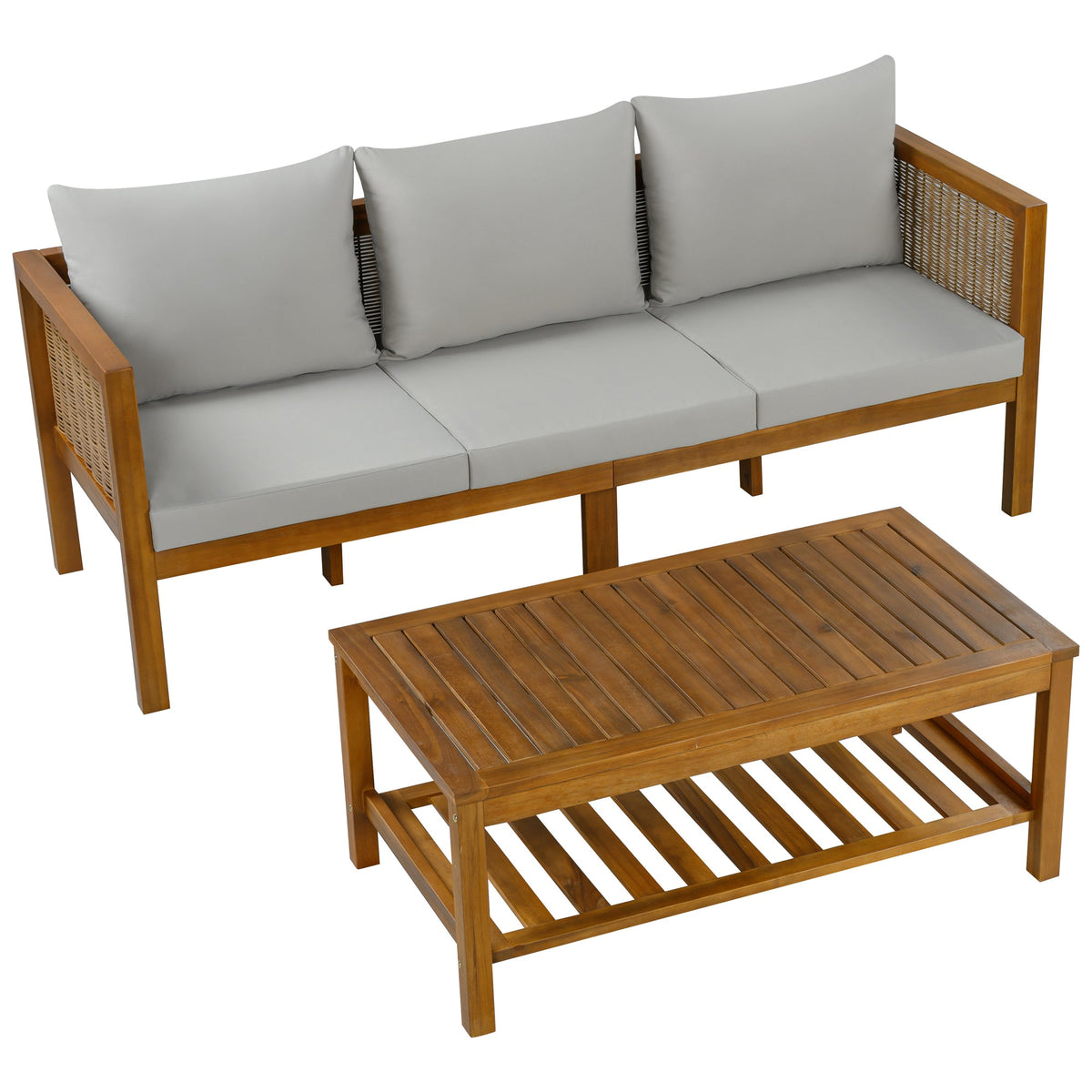 3-Seater Patio Set Outdoor Sofa & Coffee Table Set 2 Piece Outdoor Conversation Patio Furniture Set with Cushions and a Coffee Table for Garden, Backyard, Balcony, Poolside,Grey Cushion +Natural Wood