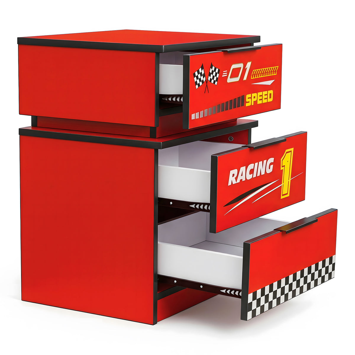 Kids Racing Car 3-Drawer Nightstand with Smart RGB LED Light, App/Remote/Music Sync Bedside Storage Cabinet, Fully KD