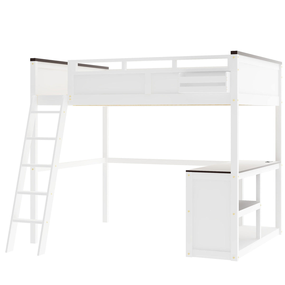 White Queen Size Loft Bed with Desk, Open Shelf, Storage Box and USB Charging Station, Pine+MDF
