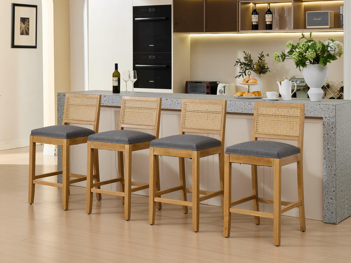 Full Solid Wood Rattan-Back Bar Stool, Matte Linen Cushion with High-Resilience Foam & S-Springs