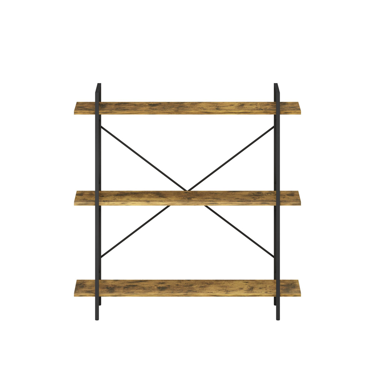 3-Tier Bookshelf, Horizontal Bookcase with Open Storage Shelves, Rustic Industrial Plant Stand, Wood & Metal Shelf for Living Room, Bedroom & Home Office (Rustic Brown)