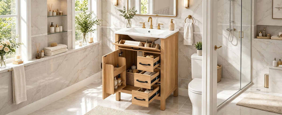 24 Inch Modern Traditional Bathroom Vanity with Ceramic Sink, MDF Cabinet & Solid Wood Legs, Black Zinc Alloy Handles, Wood Grain Melamine Finish