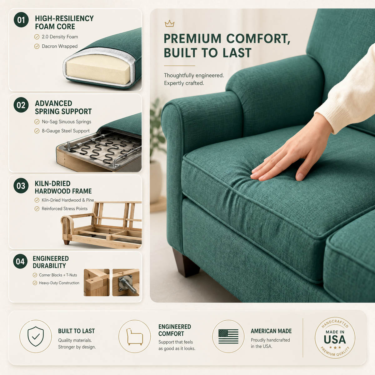 Augusta Sofa – Made in USA, Custom Fabric Options, Classic Sofa Wholesale Furniture - Velvet Antique Kelly Green - Velvet