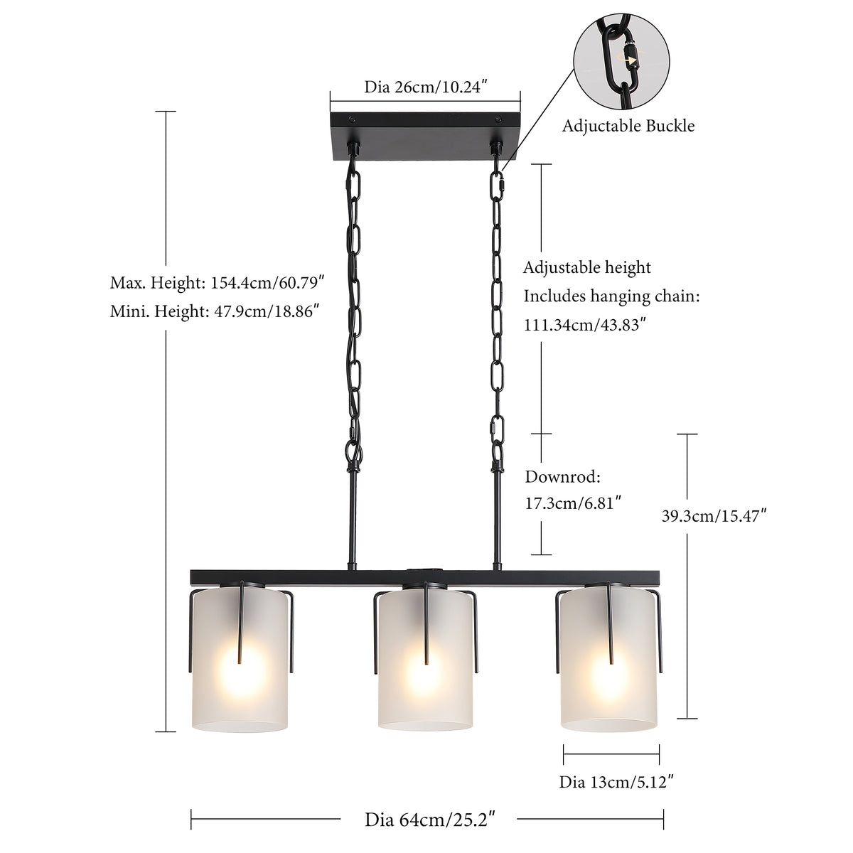 Minimalist 3-Light Linear Chandelier, Matte Black Pendant Lighting with Frosted Glass Shades, E26 Base Adjustable Ceiling Fixture