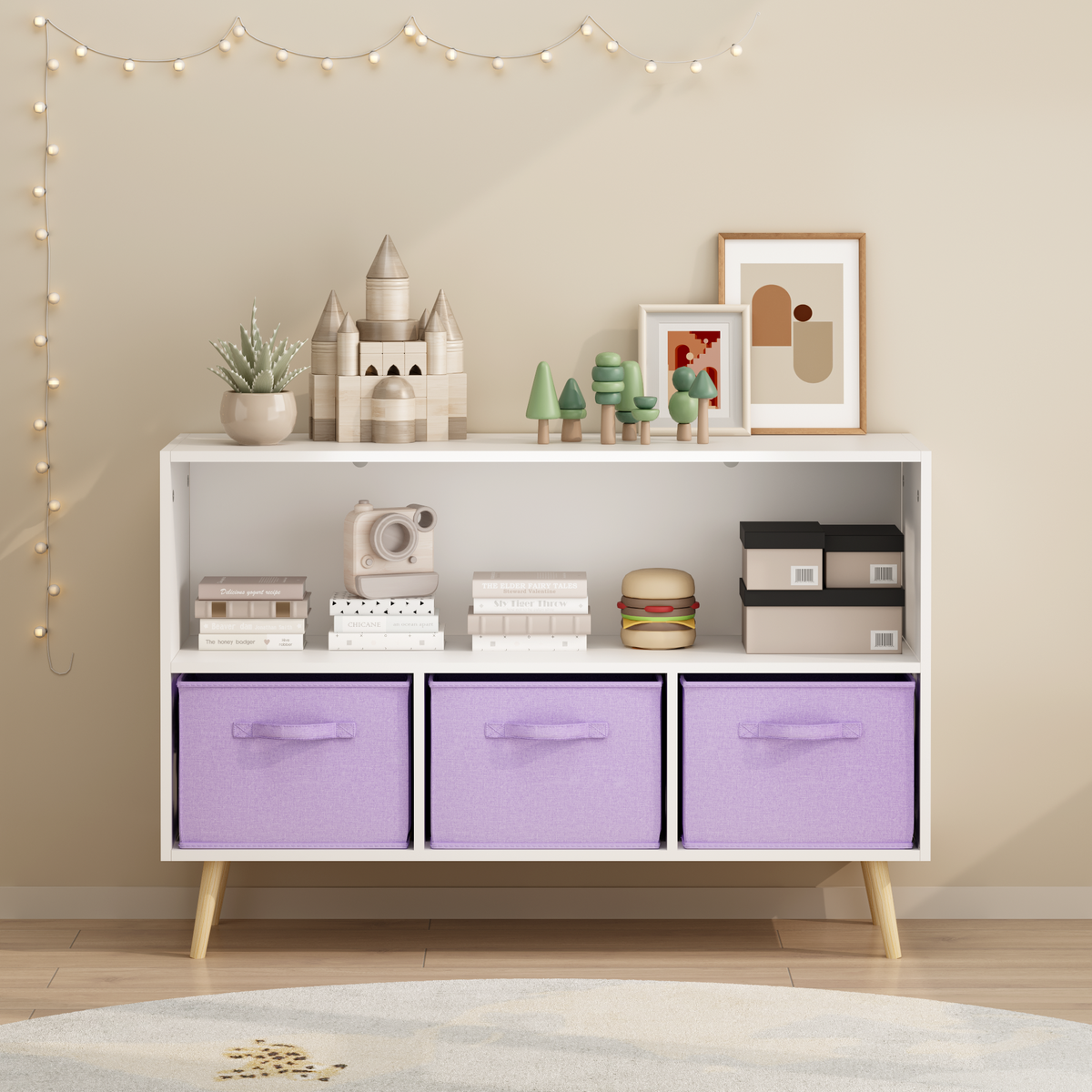 Kids bookcase with Collapsible Fabric Drawers, Children's Book Display, Toy Storage Cabinet Organizer, White/Purple