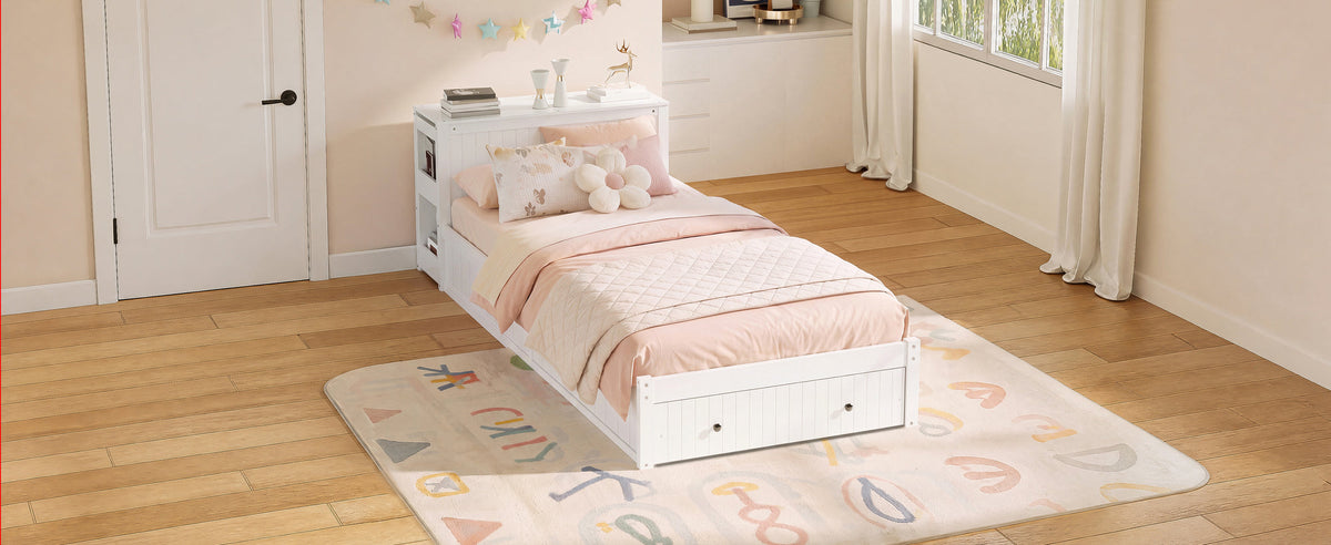 Twin Modern Platform Bed with Integrated Desk and Storage, Wood Bed Frame with wide Headboard, Footboard Drawers & Side Shelves, Multifunctional Space Saving Bedroom Furniture for Teen and Kids, White