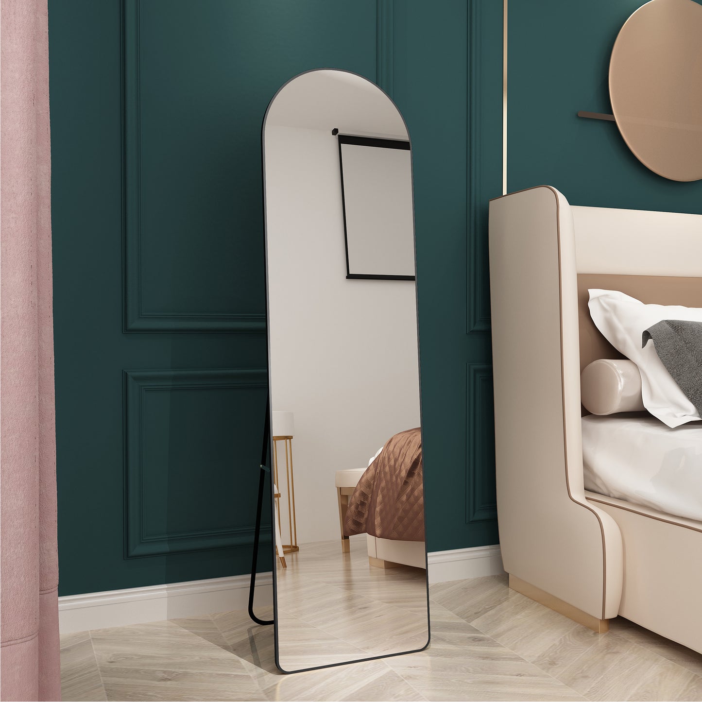 The 4st generation of floor mounted full length mirrors. Aluminum alloy metal frame arched wall mirror, bathroom makeup mirror, bedroom porch, clothing store, wall mounted.Black 59.8 '*16.5'W115112560