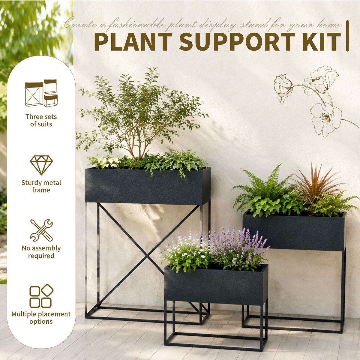 3‑Pack Pre‑Assembled Metal Raised Garden Bed Planter Stand with Non‑Woven Liner, UV‑Resistant Coated Elevated Flower Herb Planter Box, Modern Rectangular Plant Holder for Patio Balcony Backyard Indoor