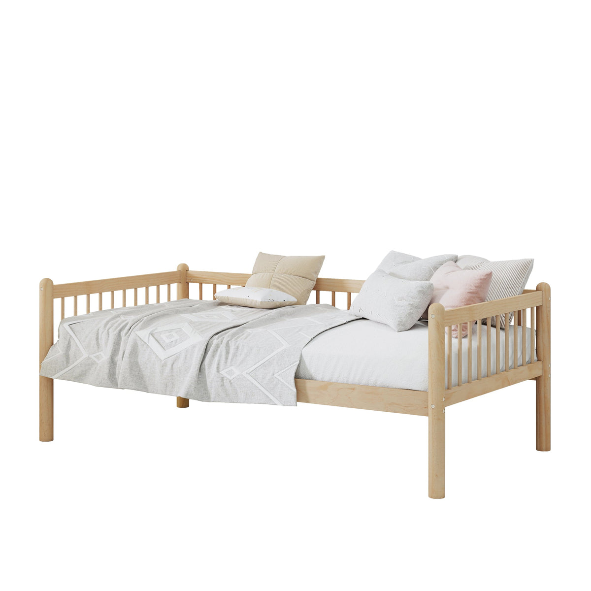 Twin Pine Wood Daybed , Sofa Bed with 3-Side Guardrails & 10 Support Slats,Natural