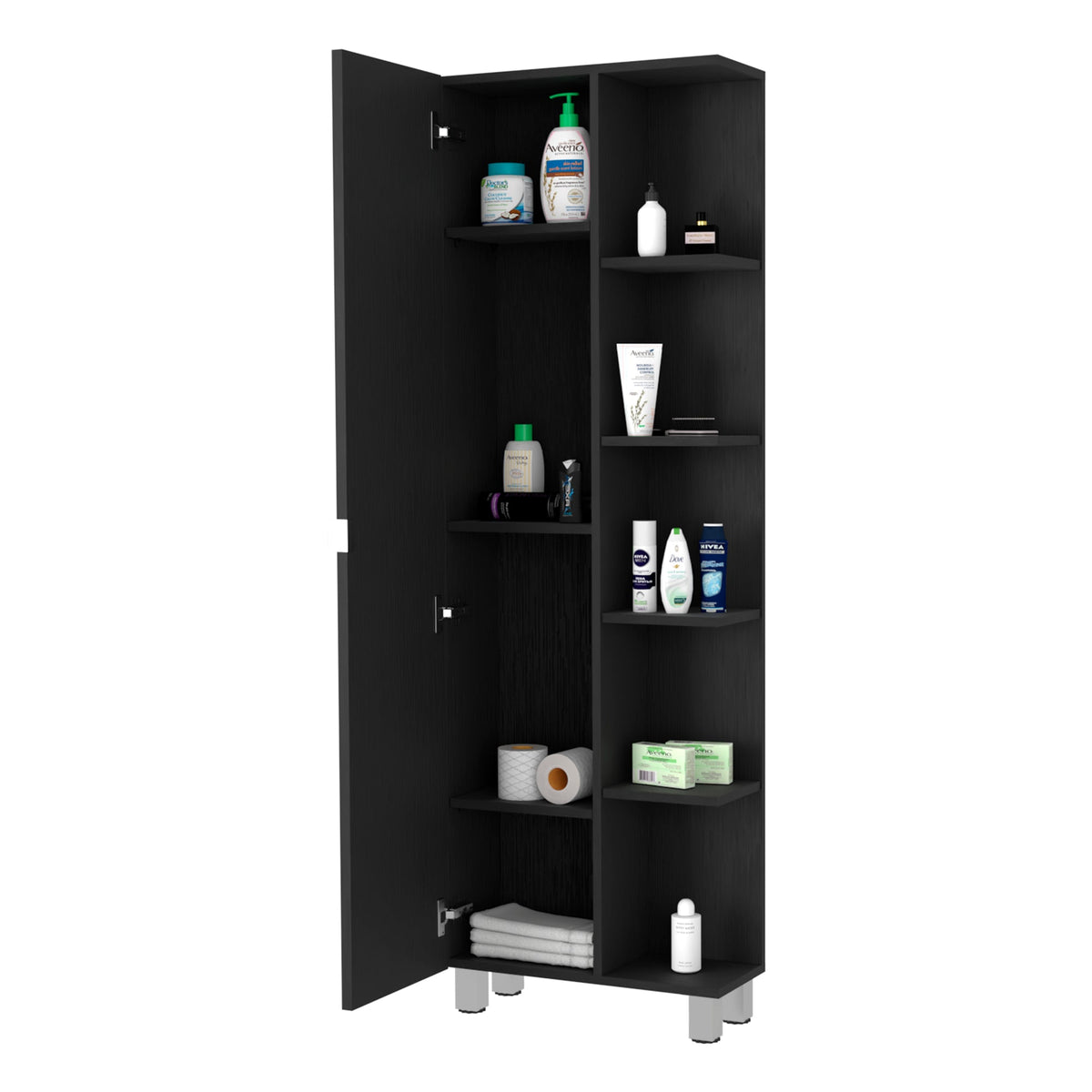 Urano Mirror Linen Cabinet, Four Interior Shelves, Five External Shelves -Black