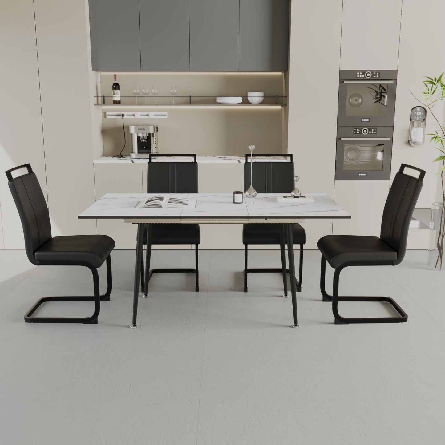 47'-63' expandable dining table set for 2-6 people, equipped with C-shaped tubular cushioned armless dining chair and an elegant and spacious dining table kitchen table and chair set, with metal legs