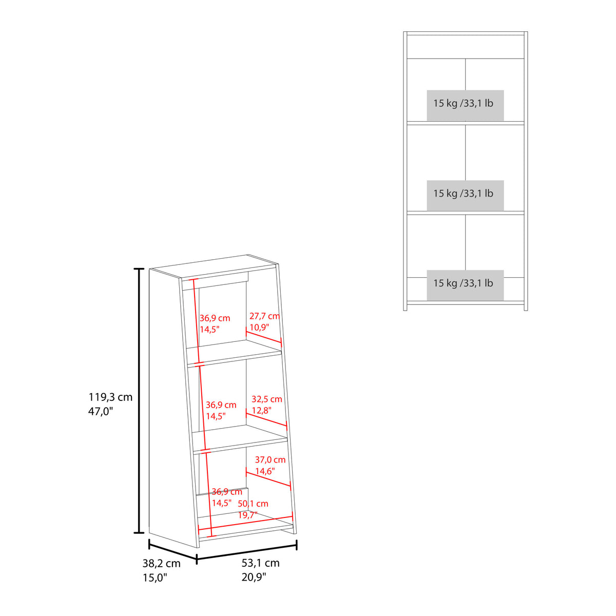 Bookcase 47" H, 3 shelves, White
