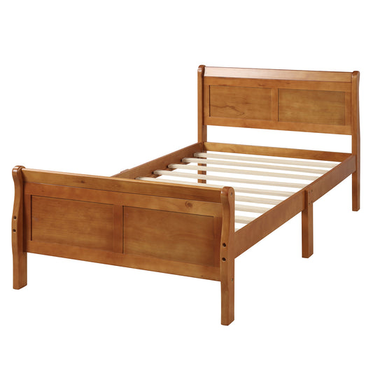 Minimalist Wood Platform Twin Bed Frame with Sleigh Headboard/Footboard and Wood Slat Support