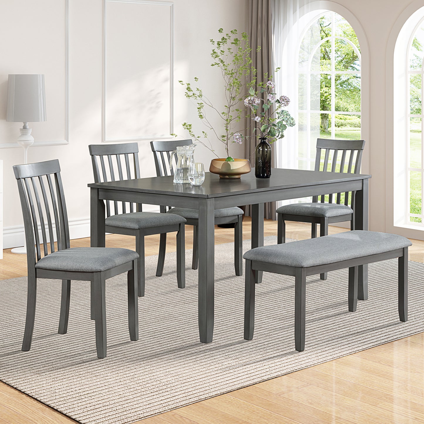 6 Piece Kitchen Dining Set, Rectangular Wooden Dining Table with 4 Upholstered Chairs and a Bench, Dining Table Set for 6 People, Living Room, Home Bar and Kitchen, Grey