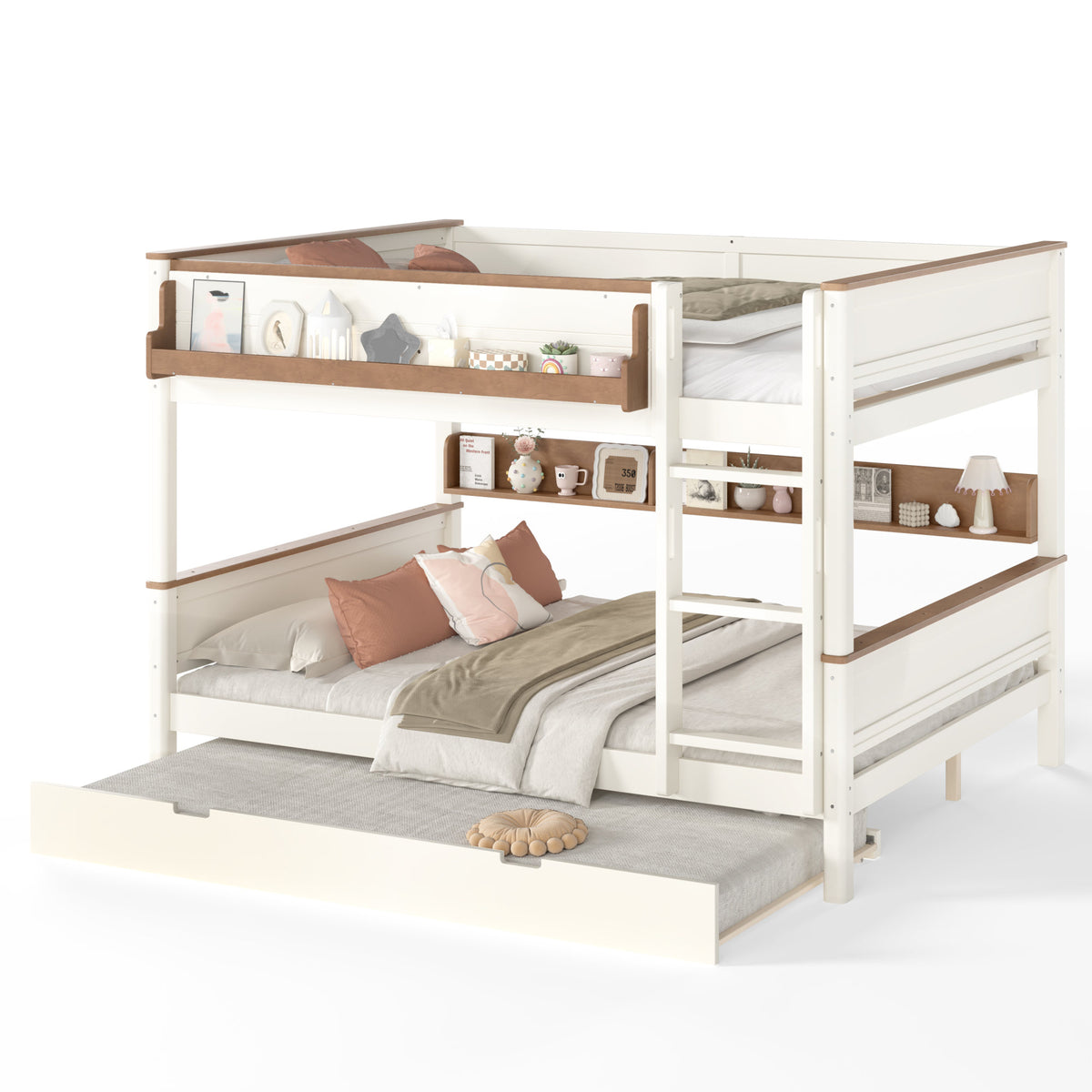 Queen over Queen Wood Bunk Bed with Pull-out Trundle Bed, Side Storage Shelf, Detachable Bunk Bed Frame, Convertible Into 2 Separate Beds for Kids Teens Adults, Beige&Natural