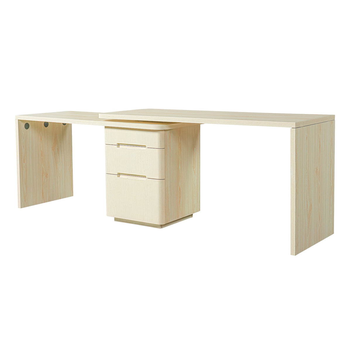 90" Modern L Shaped Desk in Natural Wood with 3 Drawers, 360° Wood Rotating Desk, Executive Office Desk, Corner Desk