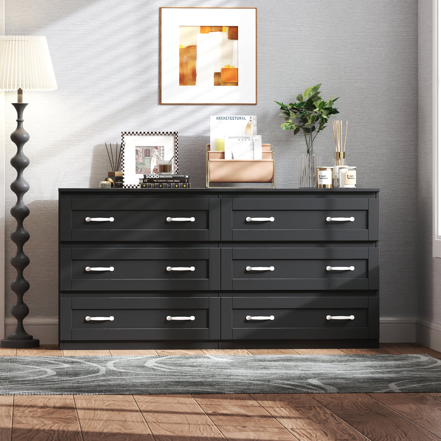 Modern black side cabinet with 6 drawers , Wood Chest of Drawers with Metal Handle, Storage Organizer for Living Room , Bedroom or Hallway, Black