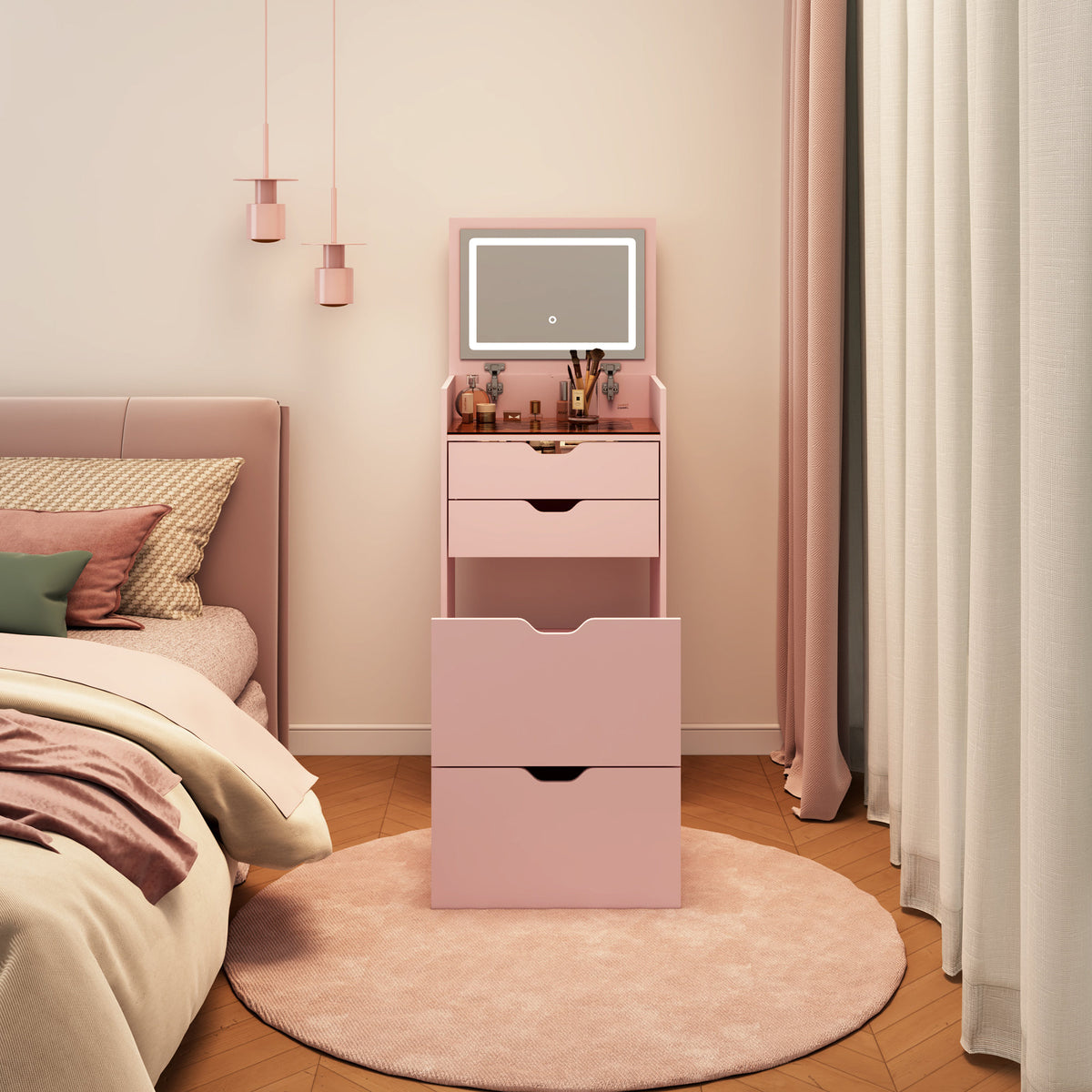 Dressing Table and Stool, 3-in-1 Multifunctional Dressing Table Set, Featuring Three-color Lighting Modes, HD Mirror, Two Sliding Drawers