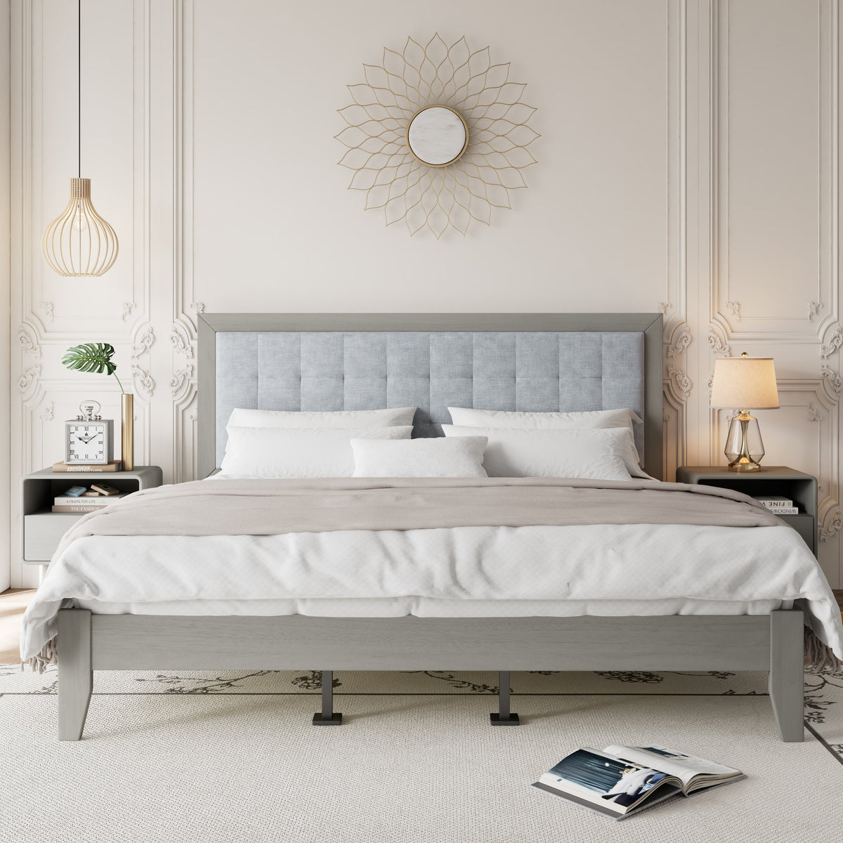 Solid Wood Platform Upholstered Headboard California King Bed
