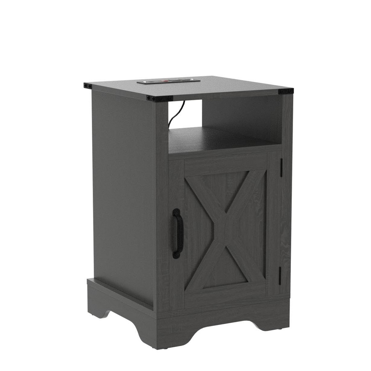 Farmhouse Nightstand with Charging Station Wooden Rustic End Table for Bedroom, Living Room, 16" D x 16" W x 25" H(Set of 1), Dark Grey