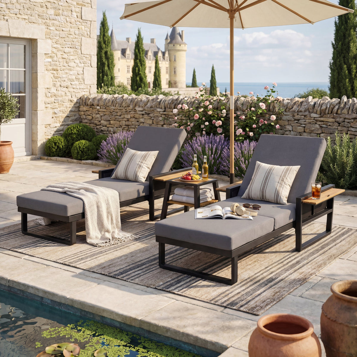 Black Iron & Teak Finish Chaise Lounge Set: 1 Frame + 1 3-Fold Dark Grey Cushion, 400 lbs Capacity, 4-Position Adjustable Backrest, 4" Thick Water-Resistant Cushion for Patio Poolside Backyard
