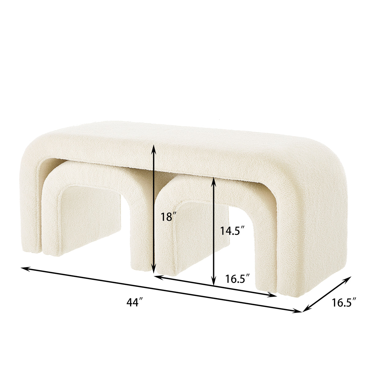 Set of 3 U-Shaped Modern Bench Teddy Ottoman Bench for Entryway, Bedroom End of Bed, Set of 3 Small Sofa Footrest Extra Seating for Living Room, 44+18 Inch Bench Bench & Ottoman- Cream