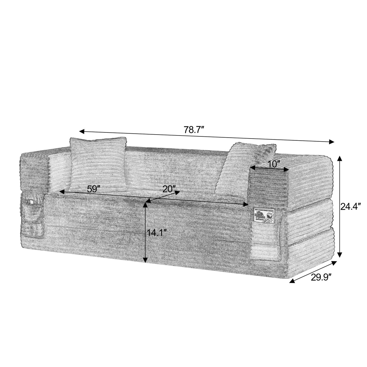 Modern cord sofa with stylish appearance, classic square design, unique two-tier design, convertible into a bed