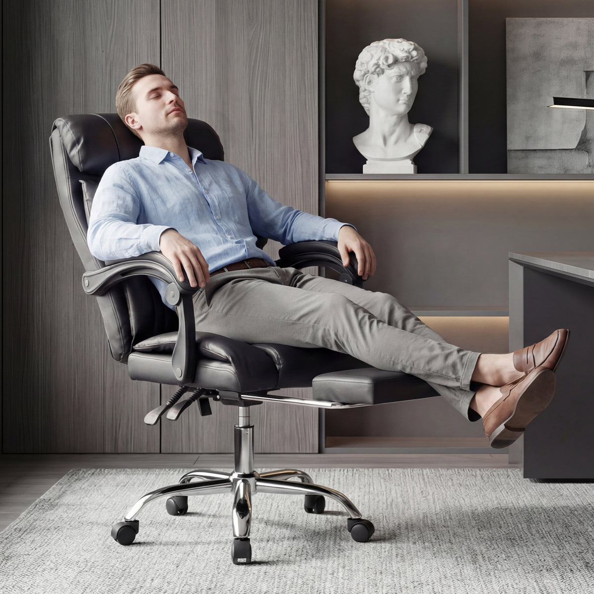 Executive Office Chair with Foot Rest, Adjustable Height High Back Reclining Gaming Chair in Black PU Leather with Metal & Wood Frame