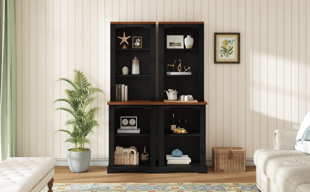 ON-TREND Two-Piece Elegant Freestanding Tall Cabinet with Fully Open Storage, Walnut Element Bookshelves with Curved Design