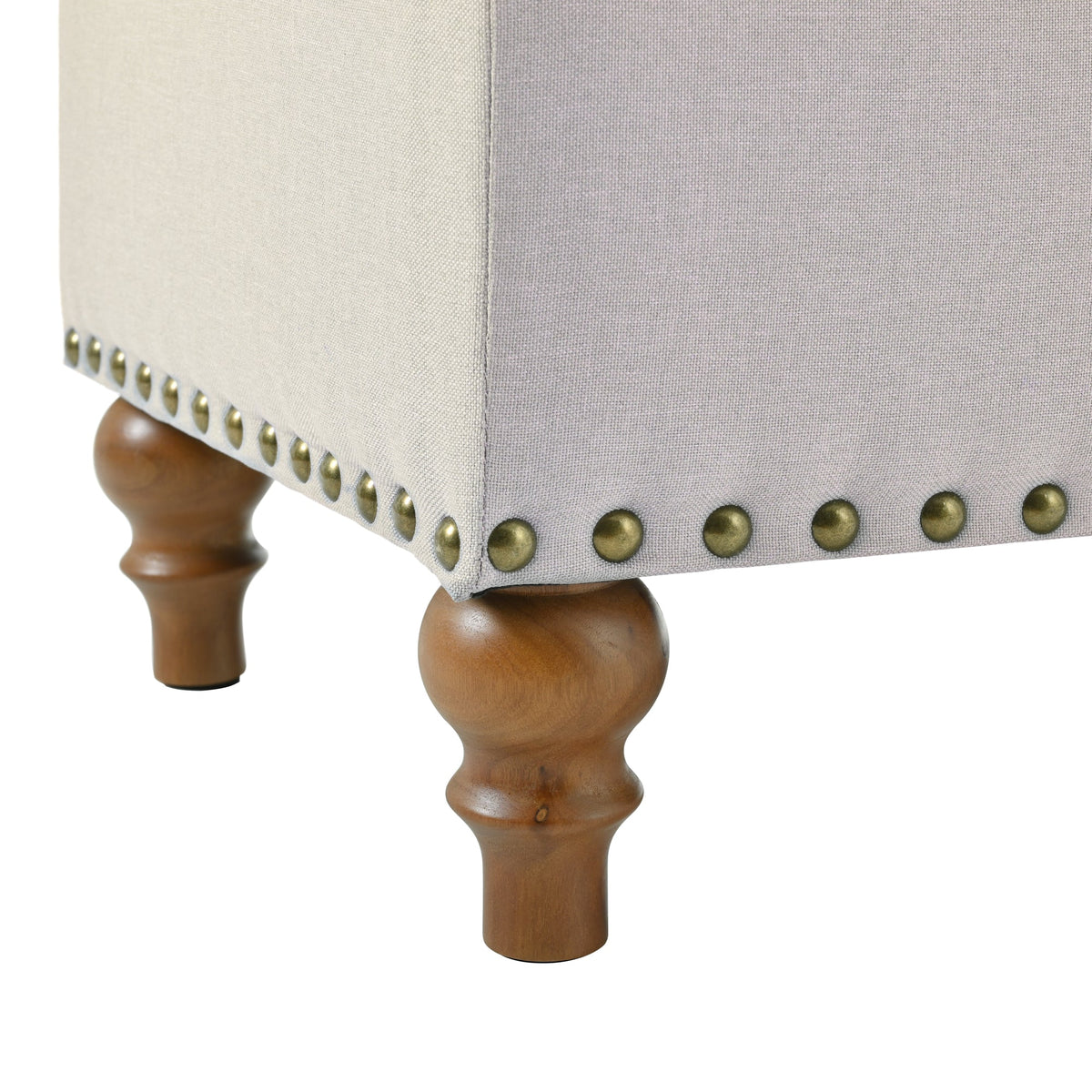Ottoman storage bench, recessed support hinge top easy to open, rivet trim around, bedroom, entrance, living room, linen (Beige)