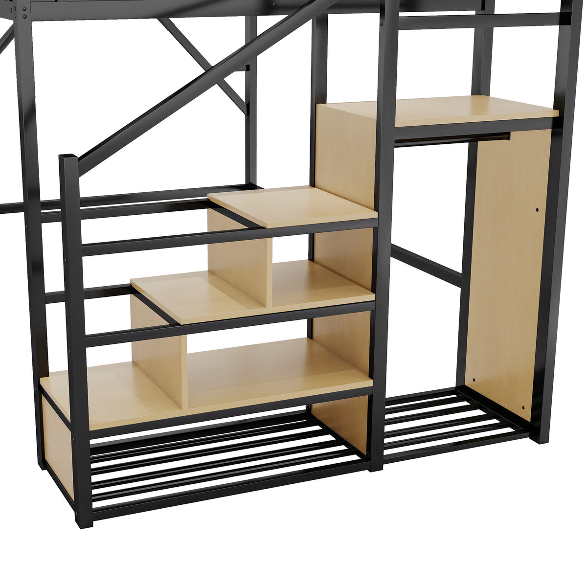 Queen Size Loft Bed with Stairs, Metal Queen Loft Bed with Storage Shelves, High Loft Bed with Wardrobe for Kids Teens Adults, Black(Old SKU W2580S00028 ) Patent Products