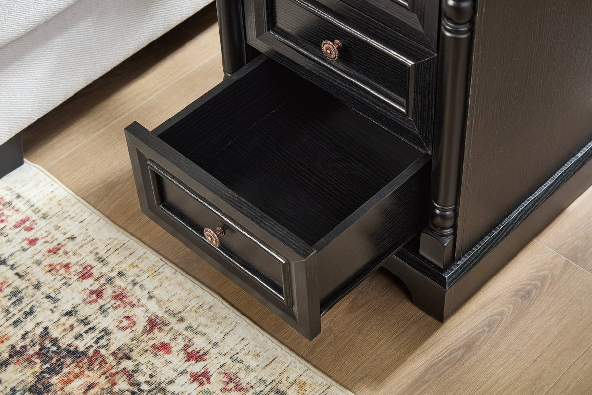 Farmhouse Style 3 Drawer Sofa Side Table with Charging Pedestal, Tall Rustic Wood Square Nightstand with Wooden Base and Roman Posts Rustic Chest of Drawers for Living Room, Bedroom, Office