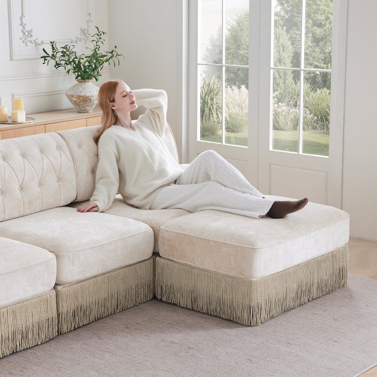 Soft Velvet Fabric Chesterfield Style Sofa, Button Tufted Design, Floor-grazing Tassel Fringe Skirt, Easy to Assemble, Free Combination