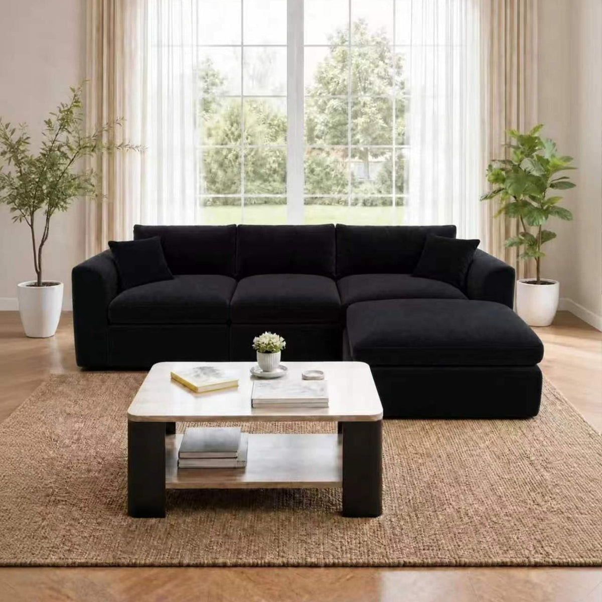 Compressed Modular Sectional Sofa, Tool-Free No Assembly, Freely Combinable Frame-Free Couch, Chenille High Density Foam Without Springs, Ottoman Included for Living Room Bedroom Apartmen