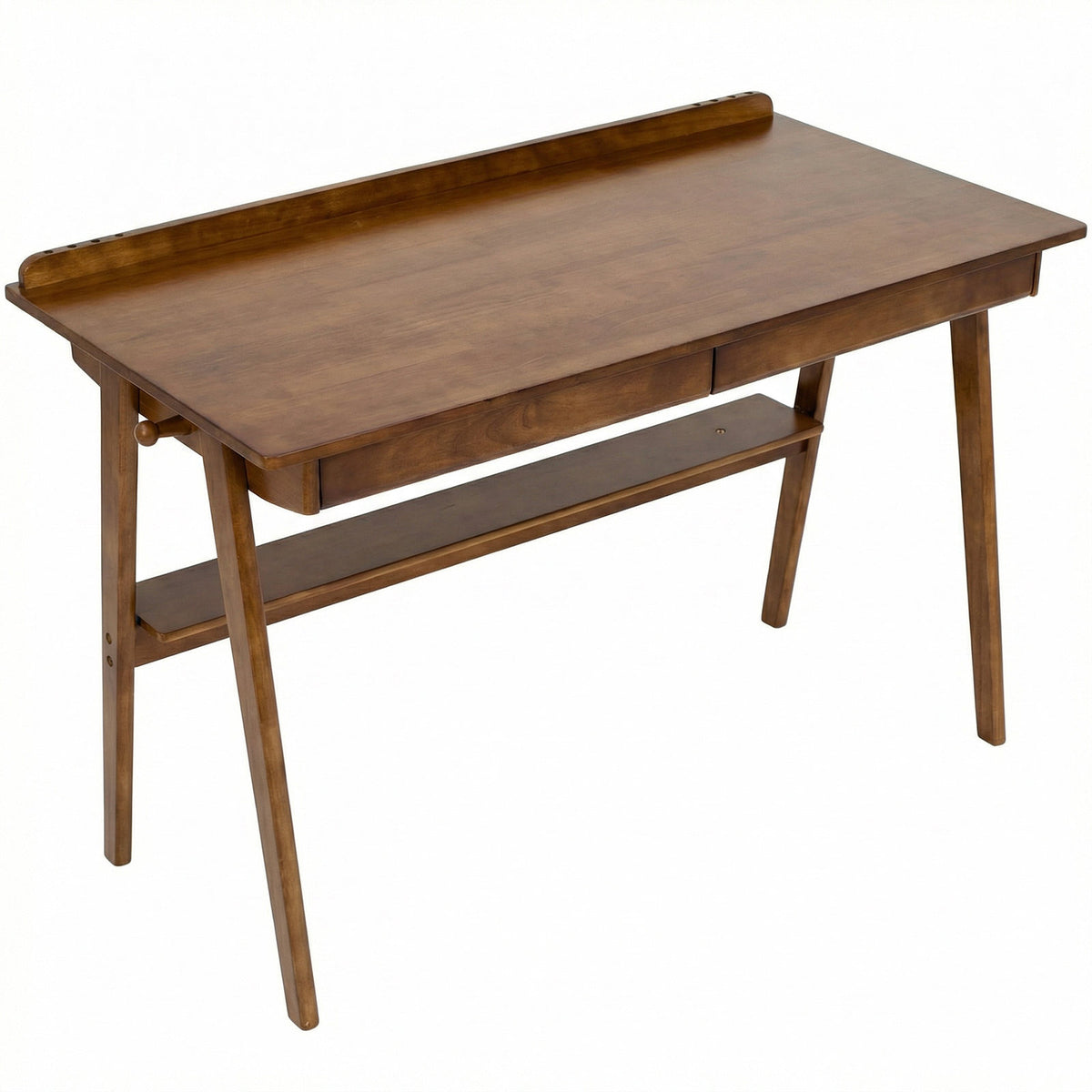 Solid Wood Writing Desk, Home Office Desk, Mid Century Modern Desks with 2 Drawers & Storage Shelf, Standing Desk with Side Hooks - Walnut