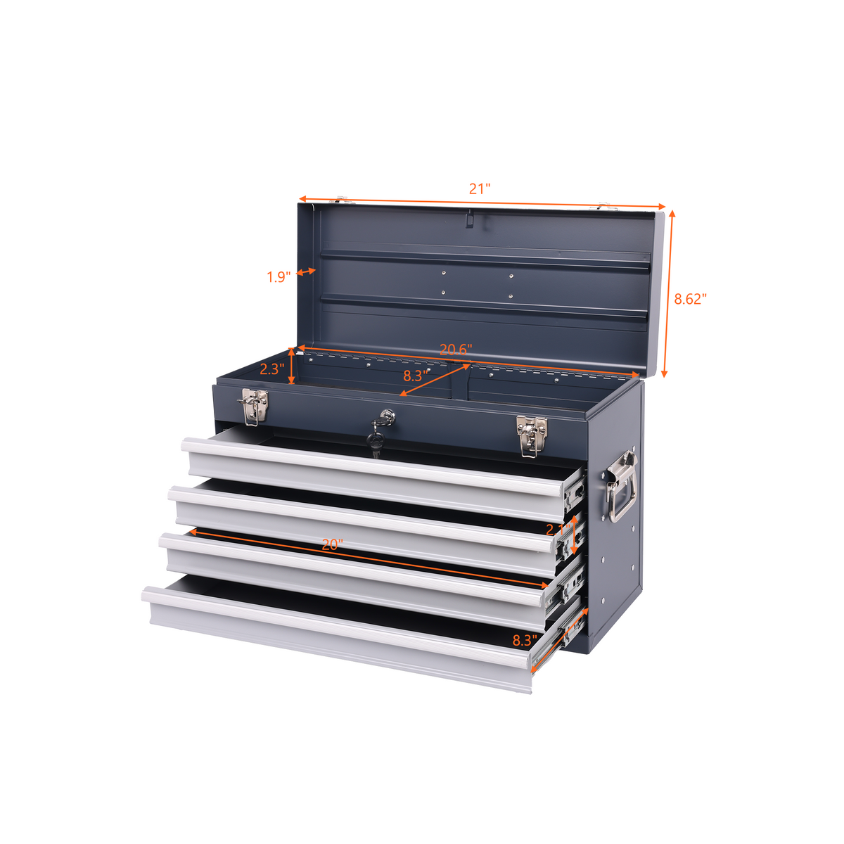 Heavy Duty Metal Tool Box, 21-inch, Portable Metal Tool Box with 4 Drawers, Small Tool Chest with EVA Liners – Grey