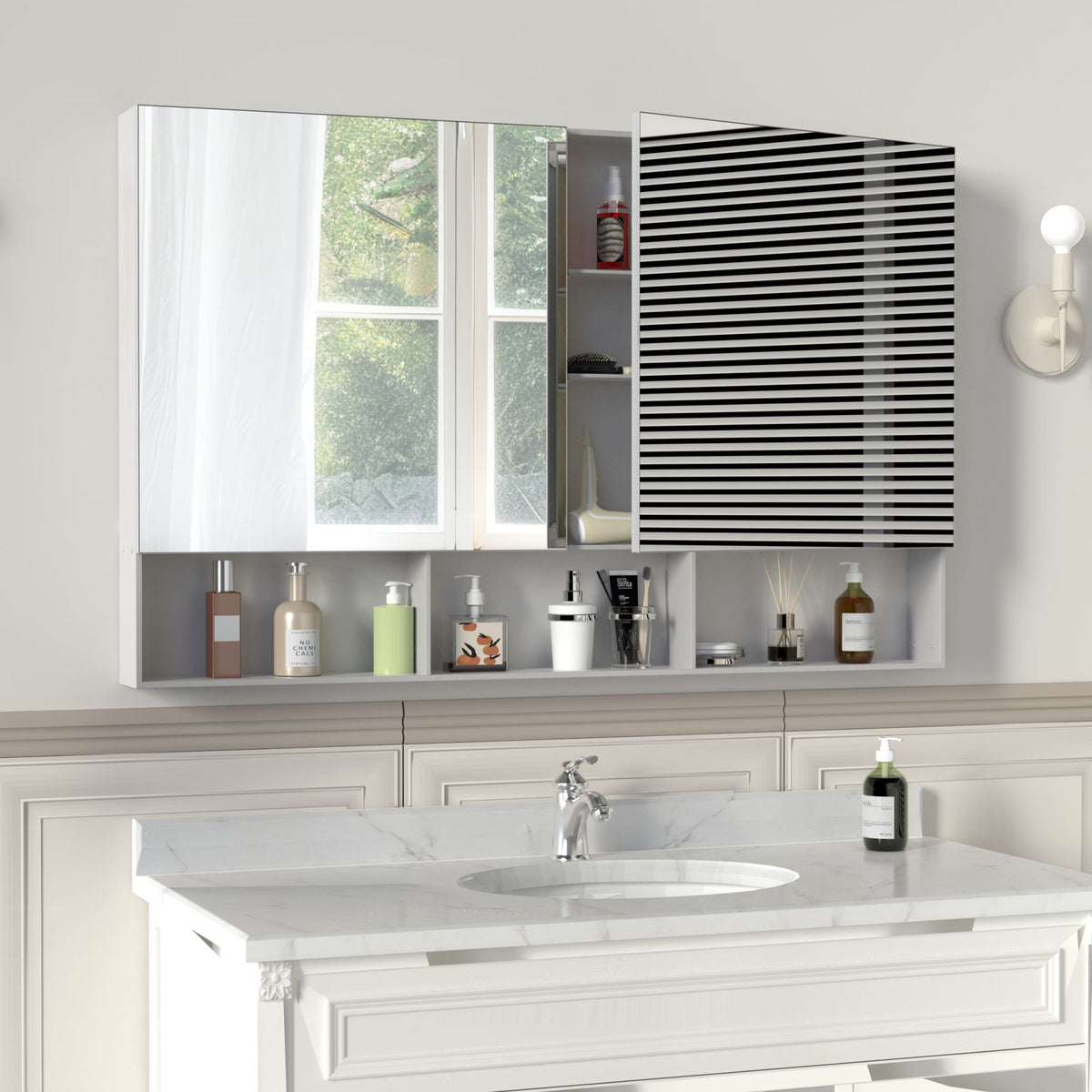 48X30 Medical Cabinet with Mirror, suitable for bathroom, wall-mounted bathroom mirror, with storage function, adjustable shelves, aluminum frame, surface-mounted, silver